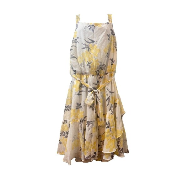 Lane Bryant Dresses & Skirts - Lane Bryant Size 18 100% Yellow Gray Garden Floral Belted Flounce Ruffle Dress